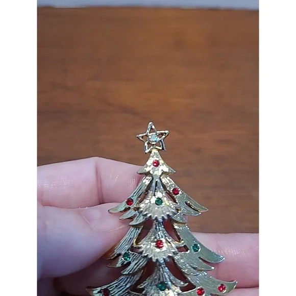 Brooch Tancer-II‎ Christmas Tree Rhinestone Gold Tone Vintage Pin Star Mcm - Picture 2 of 7